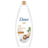 A 250ml white bottle of Dove - Shea Butter and Warm Vanilla Cream Bath, featuring product details and images of shea nuts and a flower on the label.